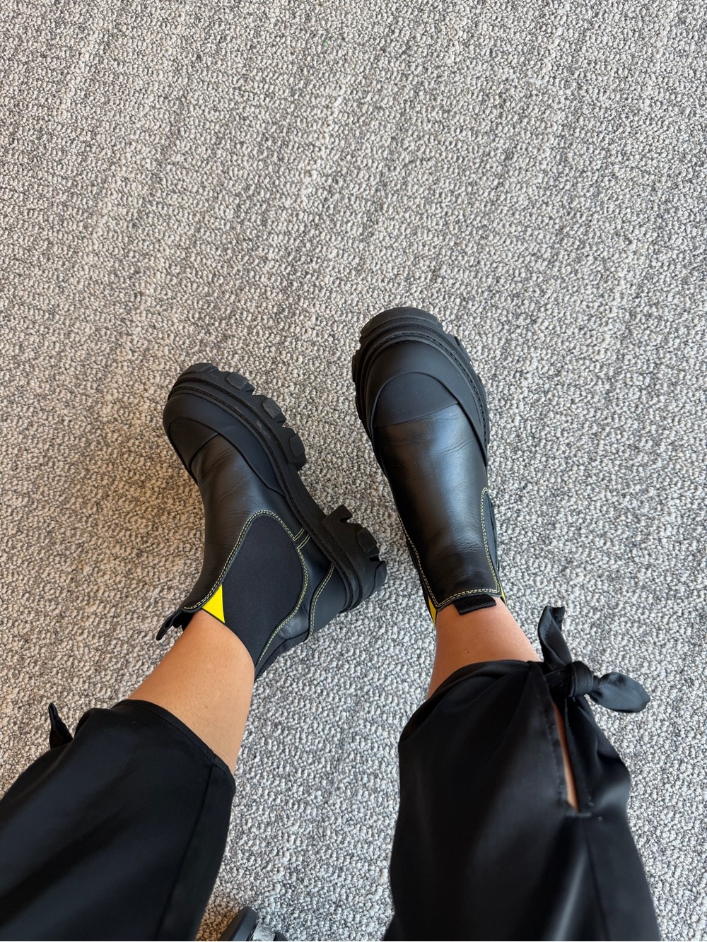 Ganni Black Leather Chunky Chelsea Boots with Yellow Pull Detail
